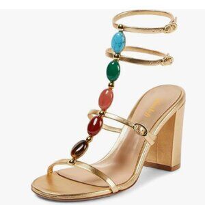 miss left Gold Gorgeous T-Strap Buckled Jewelled Gladiator Sandals Open Toe Shoe